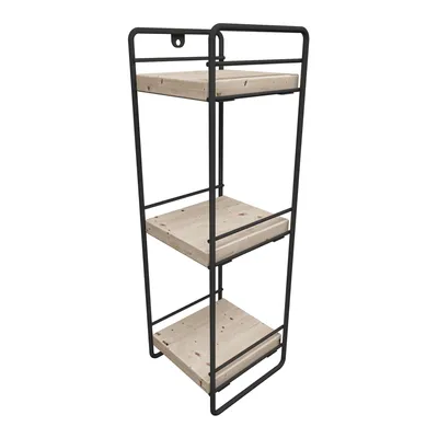 A three-tiered shelf unit made of black metal and natural wood.