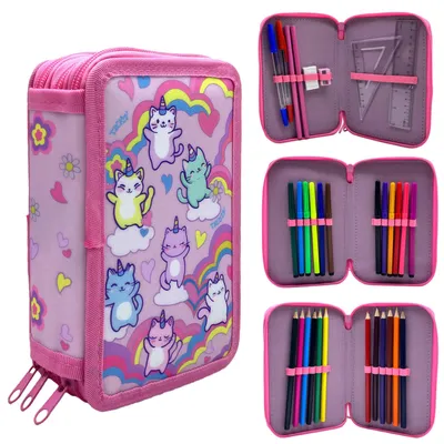 Produktbild von Federmäppchen mit Einhorn-Katze und 3 Fächern für Mädchen, Schul-Federmäppchen mit Bleistift, Buntstift, Lineal, Radiergummi, Anspitzer und Kugelschreiber.