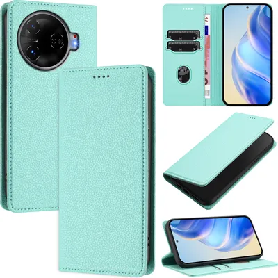 Produktbild von Litchi Leder Handyhülle für Tecno Camon 30 Pro 5G Wallet Kartenfächer Standfunktion Hülle Türkis