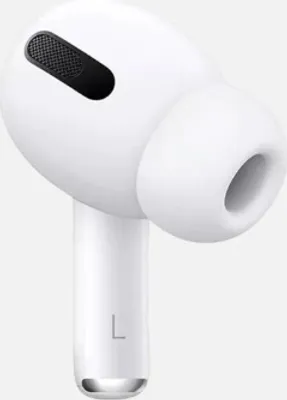 A close-up view of a single white Apple AirPod Pro earbud, showing the speaker grille and the 'L' marking on the stem.