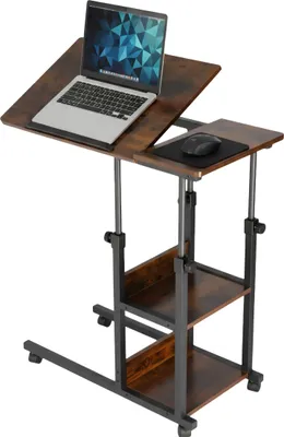Zdjęcie produktu dla Stolik pod laptopa Relaxdays, regulacja wysokości w zakresie 63–90 cm, z możliwością pochylania, stolik pomocniczy na kółkach, 2 półki, kształt litery C, brązowo-czarny