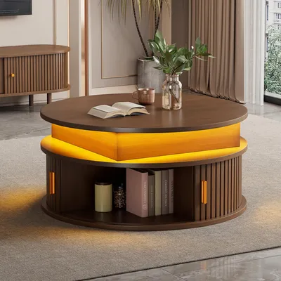Immagine prodotto di Merax Tavolino regolabile in altezza con LED, tavolino rotondo con 2 ante scorrevoli e spazio contenitivo, tavolo multifunzionale con superficie opaca, noce