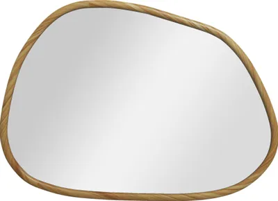 A mirror with a wooden frame on a white background.