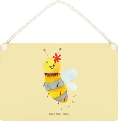 Produktbild von Mr. & Mrs. Panda Schild Biene Blume DIN A5 - Gelb Pastell - Geschenk, Holzschild, Türschild, kleine aufmerksamkeit, Wandbild Holz, holzbild