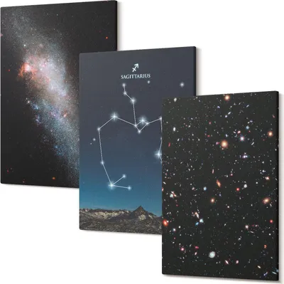 Produktbild von Wandbild – Leinwandbild – Leinwandbilder – Polycanvas – Kunstdruck – Modern – Panorama – Mehrteilig – 3-Teilig Set – Hochwertig – Lichtecht – Geruchslos – 40x60 Cm Je Element - Galaxien, Sternbilder und Weltraum Sternzeichen Schütze