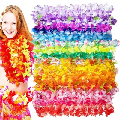 12 Hawaii-Blumenketten, mehrfarbig, Polyester, 90-100 cm, für Party-Deko