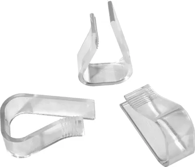 Three clear plastic clips arranged against a white background.