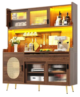 Obrázek produktu pro Kuchyňská skříňka s LED osvětlením, komoda se zásuvkami, 5 dvířek, rozměry 145 x 39 x 171 cm, barva hnědá