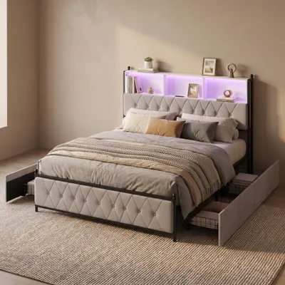 Immagine prodotto di Letto imbottito INONEFT, 180x200 cm, con LED e USB, letto matrimoniale con 4 cassetti, struttura letto con rete a doghe e spazio contenitivo, in velluto, color beige, senza materasso