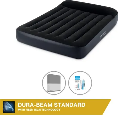 Produktbild von Intex Luftbett - 2 Personen - 137 x 191 x 25 cm - Schwarz - Mit eingebauter Pumpe + Spannbettlaken Anthrazit + Reperaturset