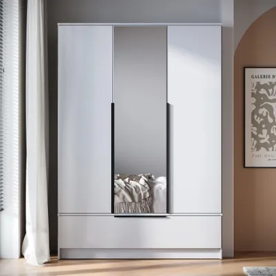 Image de MINIO go for it, armoire moderne, SPLIT 3D, 134,5 cm, 3 portes, 1 tiroir, 3 étagères, 2 tringles à vêtements, avec miroir, couleur blanche