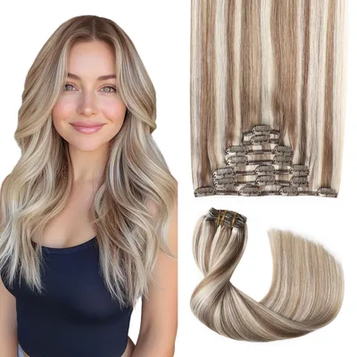 Zdjęcie produktu dla Pasemka do włosów, naturalne włosy, 120g, 7 sztuk, 35 cm, jasnobrązowe, platynowy blond, metoda Remy