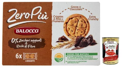 Produktbild von Balocco Zero Più Biscotti Ohne Zuckerzusatz,Kekse mit Reis- und Weizencrispies,Schokoladentropfen und Extra Crunchy 210g + Italian Gourmet Polpa di Pomodoro 400g Dose