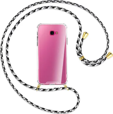 Produktbild von Handykette Backcover-Schutzhülle mit Band (Metall goldfarben) für Samsung Galaxy J4 Plus - schwarz/grau/weiß