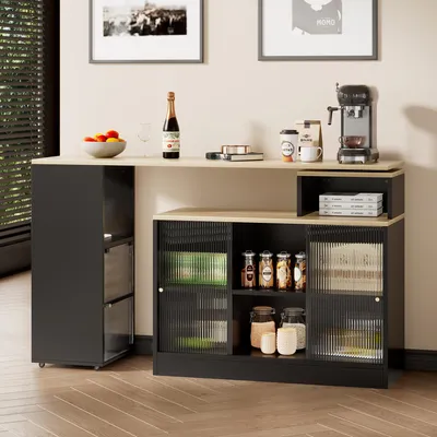 Immagine prodotto di okwish Tavolo da bar allungabile con portaoggetti 155*100*90 cm, tavolo da bar moderno allungabile per sala da pranzo, tavolo da bar bistrot tavolo alto tavolo da cucina isola da cucina piccolo bar casa, nero