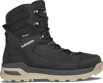 A black Lowa hiking boot is shown against a white background.