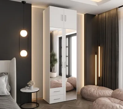 Produktbild von Drehtürenschrank 242x80x48 cm Weiß mit 2 Spiegeln, Aufsatz und 2 Schubladen – Moderner Kleiderschrank mit viel Stauraum für Schlafzimmer und Flur
