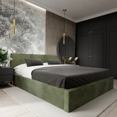 A modern bedroom with a large bed, wardrobe, and decorative elements.