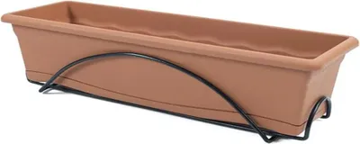 Produktbild von Pflanzgefäß mit integriertem Untersetzer 60x24cm + Metallständer. Farbe terracotta.