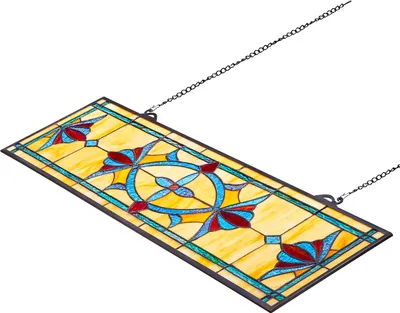 Zdjęcie produktu dla Panel witrażowy SucceBuy (813 x 250 mm) z łańcuszkiem, wiszące szkło w stylu Tiffany, tradycyjny prostokątny wzór vintage jako dekoracja okienna do kuchni i kościołów