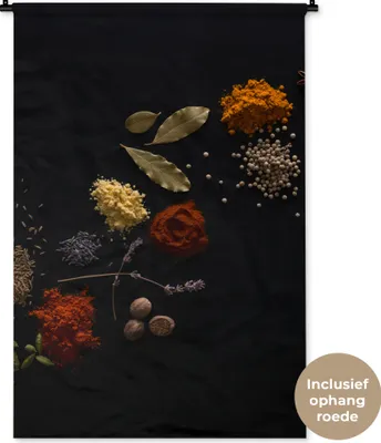 Produktbild von MuchoWow® Wandteppich Wandbehang Kräuter - Schwarz - Gewürze - Küche - Kochen 90x135 cm Tapisserie Dekoration Wandtuch - Baumwolle - Wandskulptur