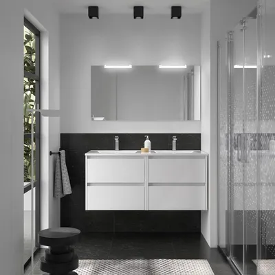 Image de Ensemble de meubles de salle de bain BALTIC 1200, comprenant : meuble sous vasque avec 4 tiroirs, finition blanche brillante, vasque et miroir
