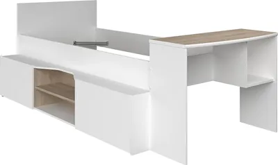 Produktbild von Kombibett mit Schreibtisch & Stauraum - 90 x 190/200 cm - Weiß & Holzfarben - JOCHIANE