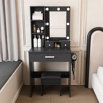 Produktbild von Konsolentisch mit Spiegel und verstellbarer LED-Beleuchtung Kleine Schminktisch-Set Kosmetiktisch B60/H131.5/T38cm Schwarz