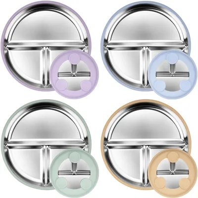 Image de Lot de 4 assiettes pour bébé en acier inoxydable, antidérapantes avec ventouse