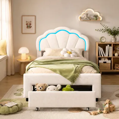 Productafbeelding van INONEFT Kinderbed 90x200 cm met LED-verlichting, meisjesbed met 1 lade voor opbergruimte en lattenbodem, bloemvormig, fluweel, wit, AI-gegenereerde afbeelding