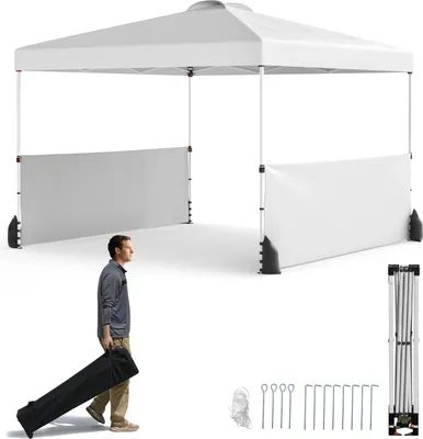 Zdjęcie produktu dla Rozkładany pawilon COSTWAY 300 x 300 cm z 2 połówkami ścian bocznych, torbą transportową na kółkach, 8 kołkami, 4 kotwami, 4 linami wiatrowymi, 4 workami z piaskiem