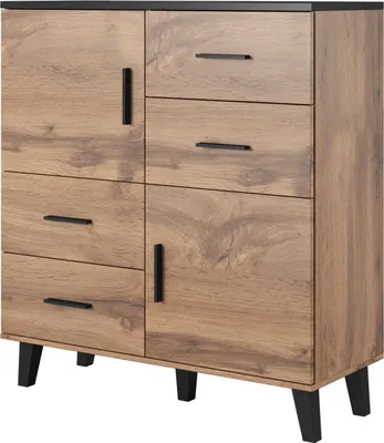 Produktbild von Furniture24 Schrank LOTTA Wohnzimmerschrank Highboard 2 Türiger 4 Schubladen Hochschrank Wotan Eiche / Schwarz