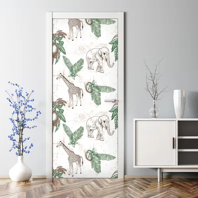 Produktbild von Dekorative Türtapete Türposter selbstklebend Klebefolie Giraffe & Elefanten 77 x 200 cm