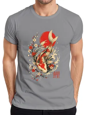 Productafbeelding van Koi-karper, kersenbloesems, rode zon, Japan, kunst, Y2K, Nippon, heren T-shirt, grijs, maat M