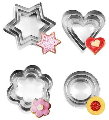 Produktbild von 12-teiliges Ausstechformen-Set aus Edelstahl, Fondant-Ausstechformen, Ausstechformen, Weihnachtsplätzchen-Ausstechformen, Backzubehör, Stern, Kreis, Herz, Blume, geometrische Formen