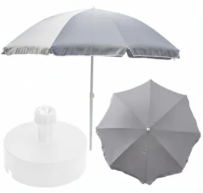 Produktbild von Komplett-Set Sonnenschirm + Schirmständer für den Garten Material Polyester/Stahl/Polypropylen Farbe Grau Groß D 240cm H 230cm Ständer Weiss D 40cm touristisch leicht bremsfunktion Modern Funktionell