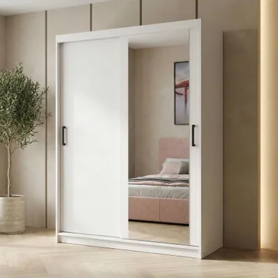 Produktbild von BEAUTYSOFA | Schwebetürenschrank HELA 120 cm Weiß – 2-türig Moderner Kleiderschrank mit Spiegel und Schiebetüren