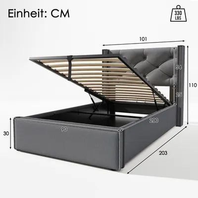 Productafbeelding van Eenpersoonsbed met hydraulisch mechanisme, bekleed bed 90 x 200 cm met lattenbodem, metalen frame, opbergruimte, katoen, grijs