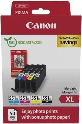 Produktbild von Tintenpatronen Multipack + Fotopapier Pack, CANON CLI-551XL, Schwarz, Cyan, Magenta, Gelb, Hohe Reichweite, 11 ml, 660 Seiten