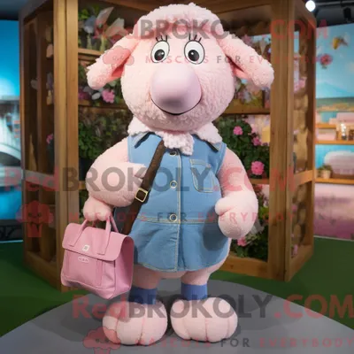 Produktbild von Maskottchenfigur REDBROKOLY eines rosa Schafs bekleidet mit Chambray-Hemd und Handtaschen
