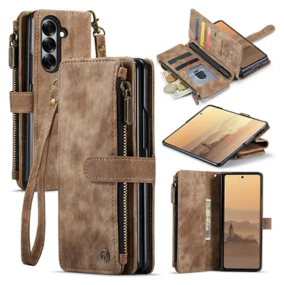 Immagine prodotto di Custodia in pelle per Samsung Galaxy Z Fold 7, custodia in Finto cuoio con cerniera, chiusura magnetica, tasca per carte, supporto, custodia a portafoglio marrone