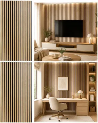 Produktbild von Akustikpaneele Holz 240 x 60 cm Wandformat aus 2 x 120 x 60 cm Paneelen, Eiche, Wandpaneele Holzoptik mit schwarzem Filz, MDF-Lamellen für TV-Wand & Wohnzimmer