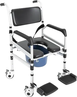 Produktbild von Duschstuhl mit Rollen, Dusch Toilettenstühle Fahrbar Höhenverstellbar 46-54cm WC-Stuhl Faltbar mit Armlehnen Fußstützen, Bremsen, Sicherheitsgurt, Toilettenstuhl 160kg für Senioren, Behinderte