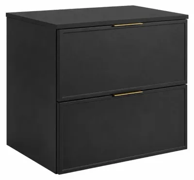 Produktbild von Badezimmerschrank hängend 60 mit Schubladen, Korpus in Dunkelgrau + Platte in Dunkelgrau, mit Griffen, 60 x 46 x 58,6 cm, KI-generiertes Bild