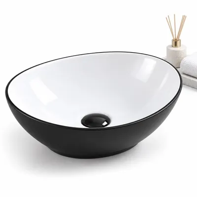 Obrázok produktu pre Oválné keramické nástěnné umyvadlo černobílé – umyvadlová mísa 42 x 34 cm
