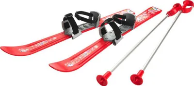 A pair of children's skis and poles are displayed against a white background.