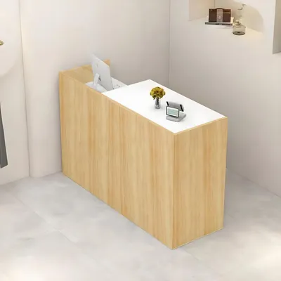 Obrázek produktu pro Pult recepce, prodejní pult, dřevěný s úložným prostorem, 110 cm, barva: přírodní dřevo, bílá