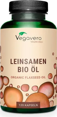 Obrázok produktu pre Vegavero Organický ľanový olej | 120 kapsúl | bohatý na omega-3, -6, -9 mastné kyseliny | lisovaný za studena | bez prísad | vegánsky