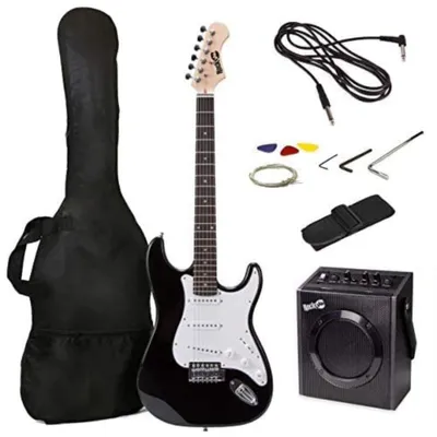 Imagen del producto de Kit completo para guitarra eléctrica RockJam RJ20WAR2, que incluye amplificador, cuerdas, afinador, correa y funda negra
