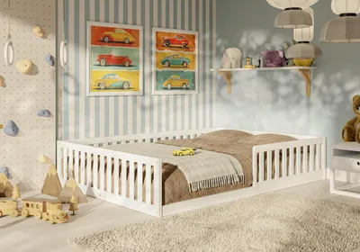 Produktbild von Kinderbett Bodenbett – Kleinkindbett aus Holz – Sicheres Schlafen – Mit Schutzgitter – 200x140 cm – Weiß